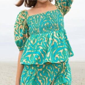 Anna Cate Violet Blouse Teal Block Smocked Peplum Puff Sleeve Boho Women’s Small